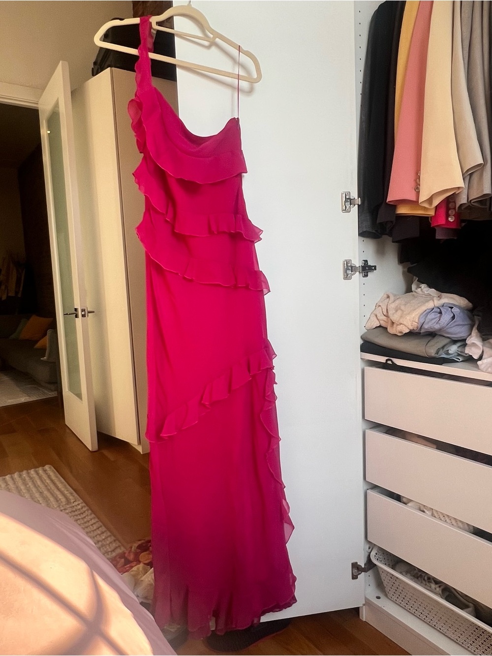 Mango Hot Pink One-Shoulder Ruffle Maxi Dress